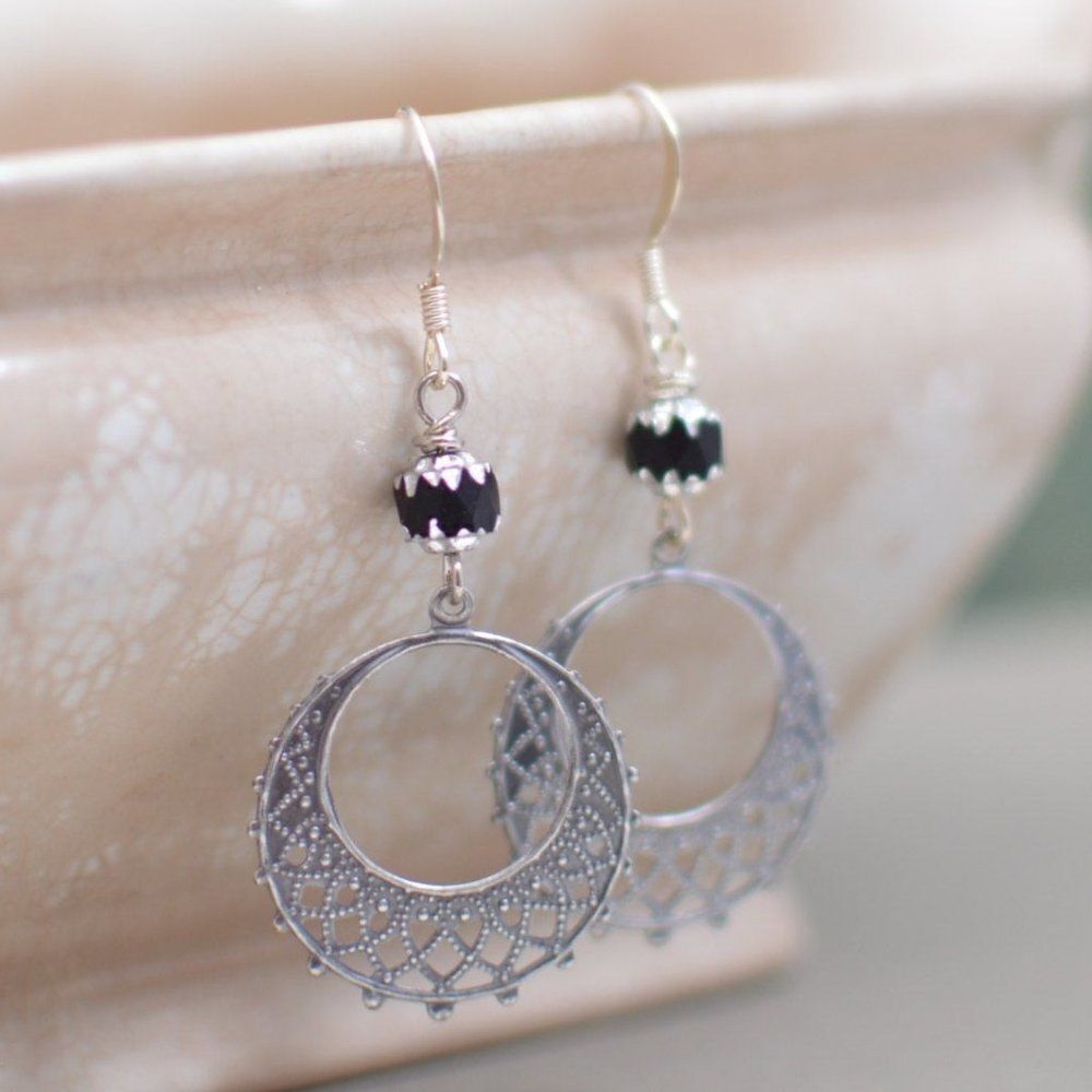 Antique Silver Filigree Hoop Earrings